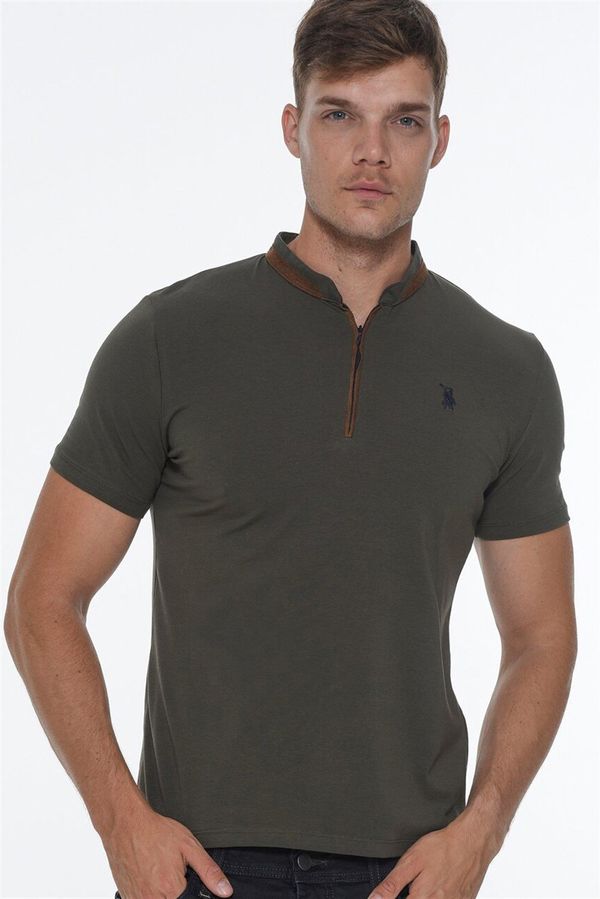 dewberry T8571 DEWBERRY ZIPPER MEN'S T-SHIRT-KHAKI