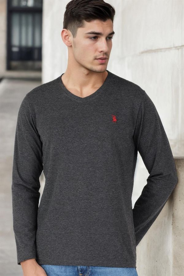 dewberry T8587 DEWBERRY V-NECK MEN'S LONG SLEEVE T-SHIRT-ANTHRACITE-1