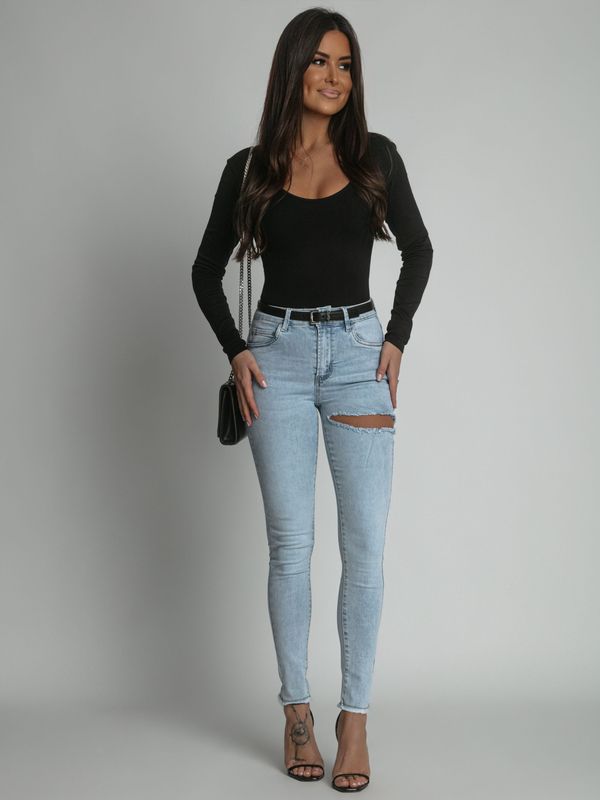 FASARDI Tight denim trousers with slit in light blue