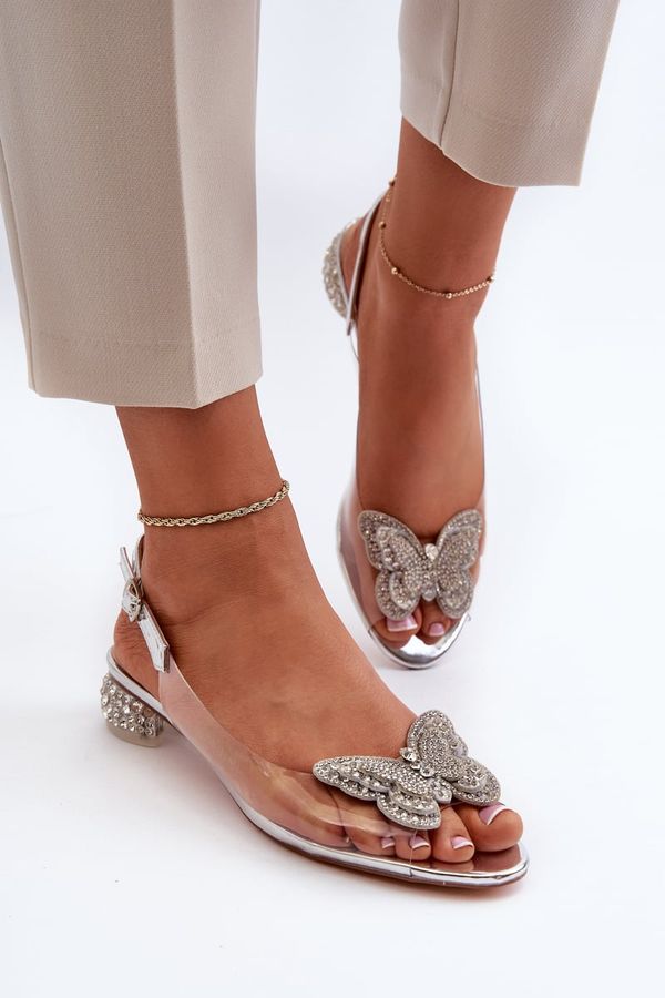 Kesi Transparent low-heeled sandals with butterfly pink silver D&A