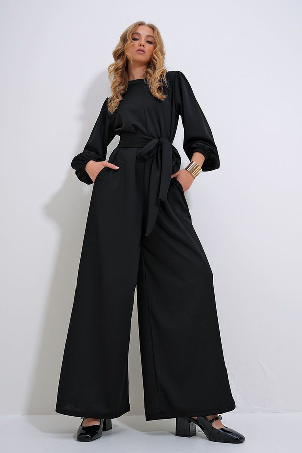 Trend Alaçatı Stili Trend Alaçatı Stili Women&#39;s Black High Collar Back Zipper Princess Sleeve Waist Belted Jumpsuit