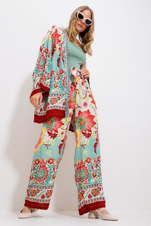 Trend Alaçatı Stili Trend Alaçatı Stili Women's Almond Green Kimono Jacket And Palazzo Pants Suit
