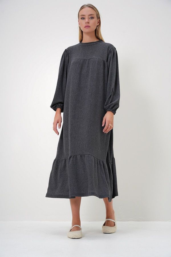 Trend Alaçatı Stili Trend Alaçatı Stili Women's Anthracite Crew Neck Balloon Sleeve Skirt Flounce Maxi Length Dress