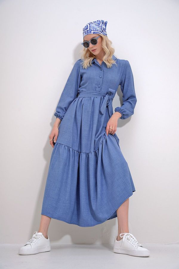 Trend Alaçatı Stili Trend Alaçatı Stili Women's Aviator Blue Buttoned Front Skirt Flounced Flamed Linen Maxiboy Dress