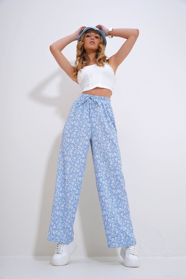Trend Alaçatı Stili Trend Alaçatı Stili Women's Baby Blue Patterned Relaxed Cut Woven Trousers