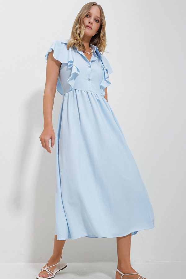 Trend Alaçatı Stili Trend Alaçatı Stili Women's Baby Blue Shirt Collar Half Pop Ruffle Detail Hidden Zipper Midi Length Dress