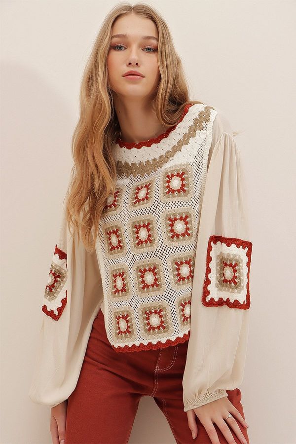 Trend Alaçatı Stili Trend Alaçatı Stili Women's Beige Boat Neck Patterned Balloon Sleeve Woven Blouse