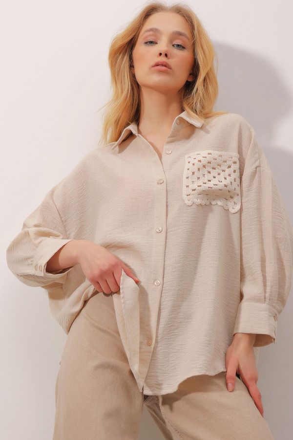 Trend Alaçatı Stili Trend Alaçatı Stili Women's Beige Crochet Pocket Textured Linen Shirt