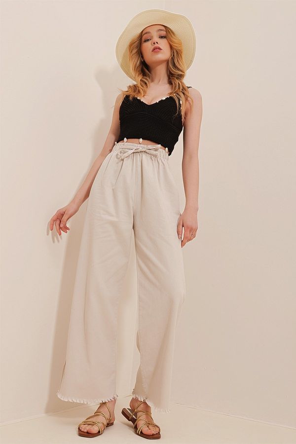 Trend Alaçatı Stili Trend Alaçatı Stili Women's Beige High Waist Palazzo Jeans With Tassels Tassels