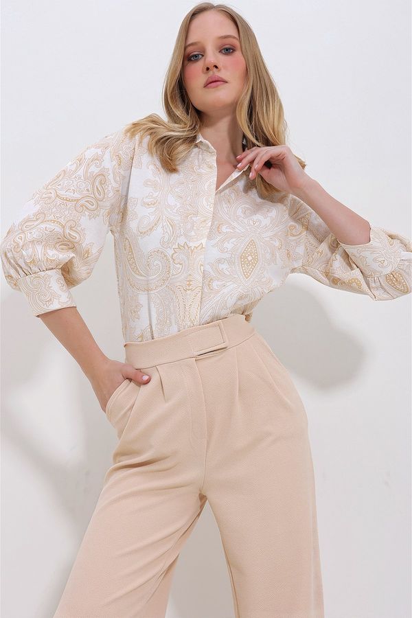 Trend Alaçatı Stili Trend Alaçatı Stili Women's Beige Paisley Patterned Balloon Sleeve Linen Shirt