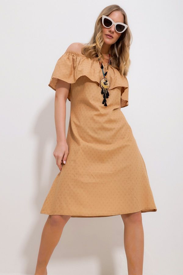 Trend Alaçatı Stili Trend Alaçatı Stili Women's Biscuit Madonna Collar Self Patterned Woven Dress