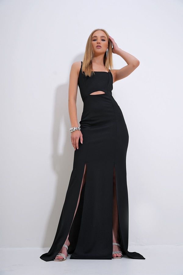 Trend Alaçatı Stili Trend Alaçatı Stili Women's Black Adjustable Strap Out Cut Slit Graduation Dress