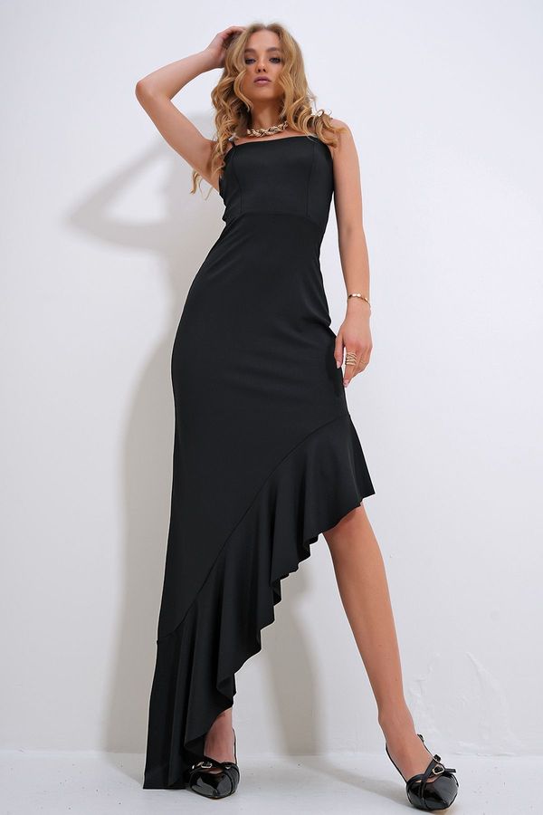 Trend Alaçatı Stili Trend Alaçatı Stili Women's Black Adjustable Strap Skirt Flywheel Asymmetrical Cut Dress