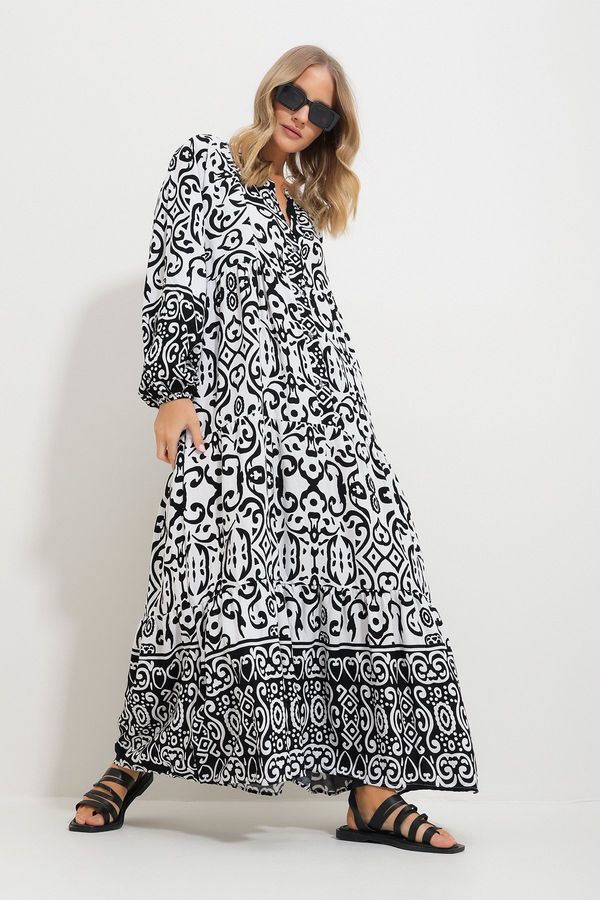 Trend Alaçatı Stili Trend Alaçatı Stili Women's Black Big Collar Shawl Patterned Maxi Length Dress