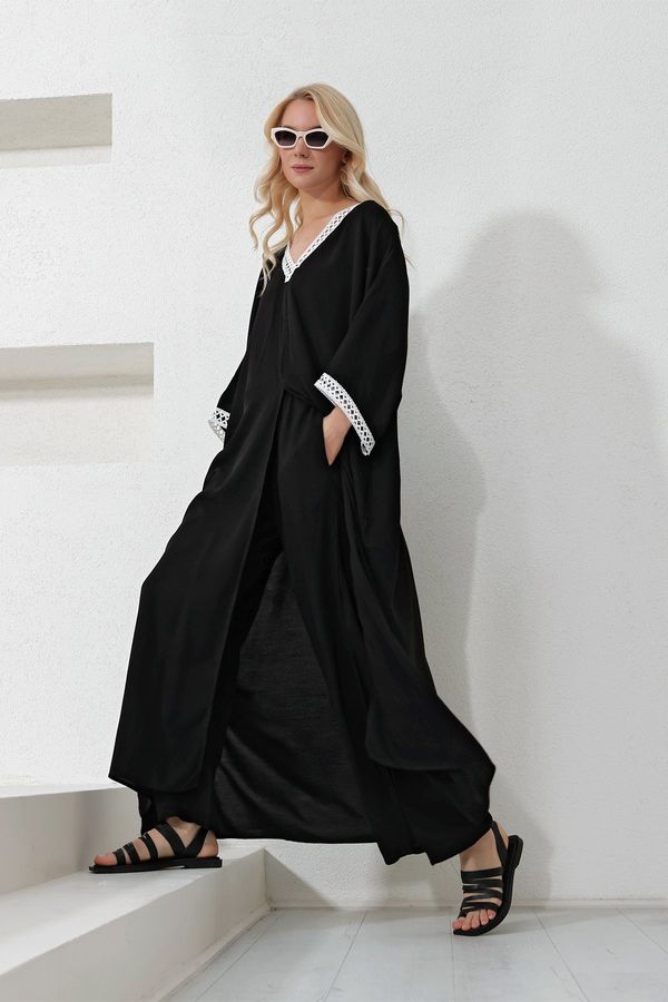 Trend Alaçatı Stili Trend Alaçatı Stili Women's Black Collar and Sleeves Laced Tunic and Trousers Top and Bottom Set