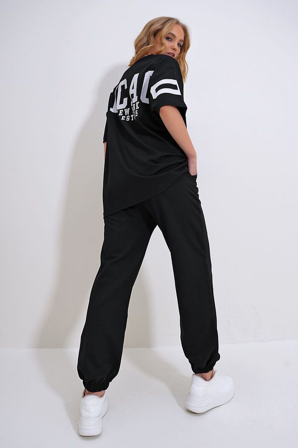 Trend Alaçatı Stili Trend Alaçatı Stili Women's Black Crew Neck Printed T-Shirt and Jogging Tracksuit Set