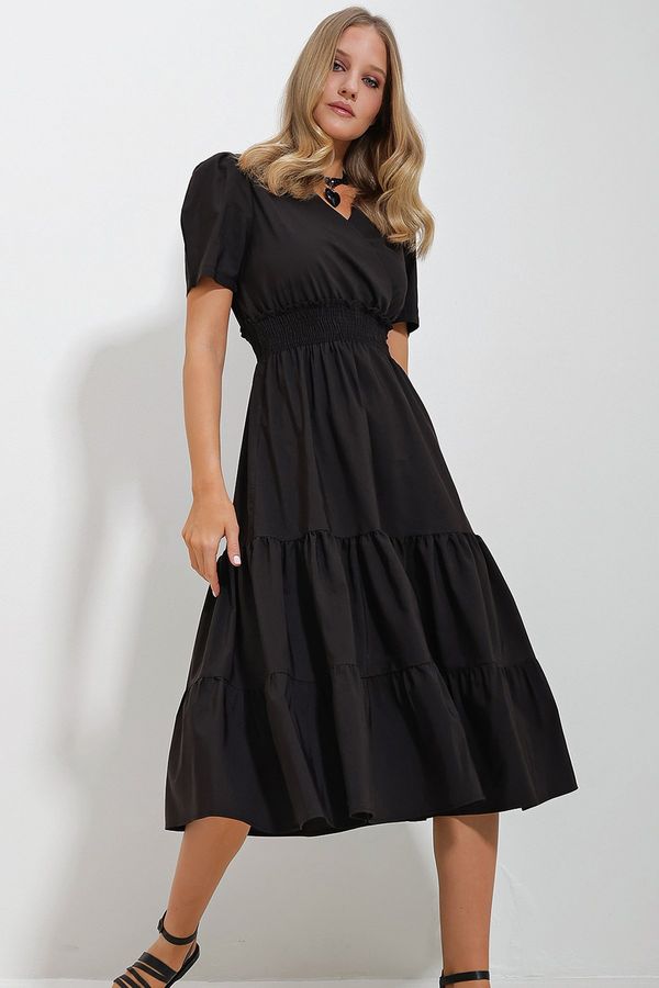 Trend Alaçatı Stili Trend Alaçatı Stili Women's Black Double Breasted Waist Guiped Flounced Woven Poplin Dress
