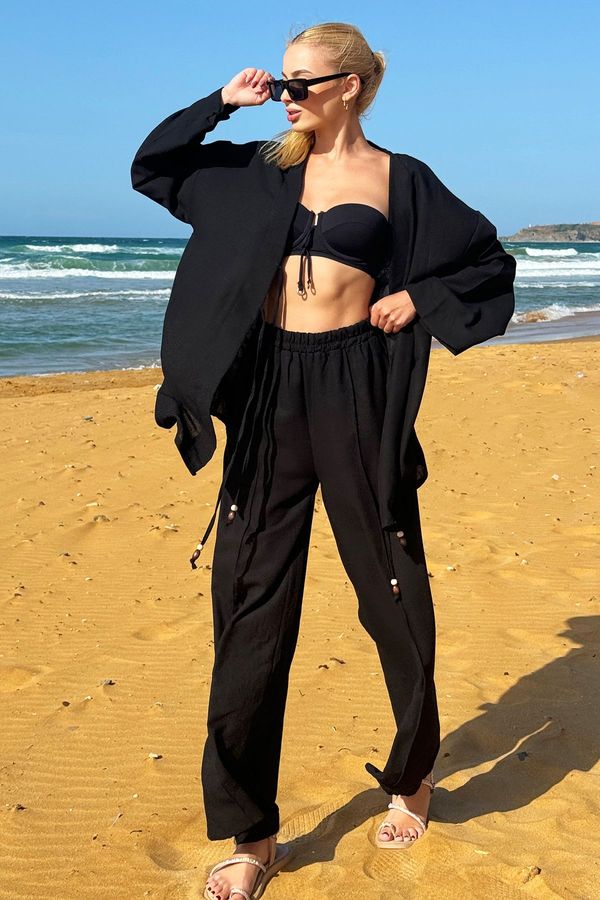 Trend Alaçatı Stili Trend Alaçatı Stili Women's Black Lace Front Kimono Jacket and Palazzo Pants Set