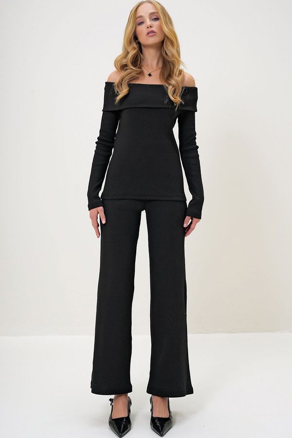 Trend Alaçatı Stili Trend Alaçatı Stili Women's Black Madonna Collar Camisole Blouse and Trouser Set