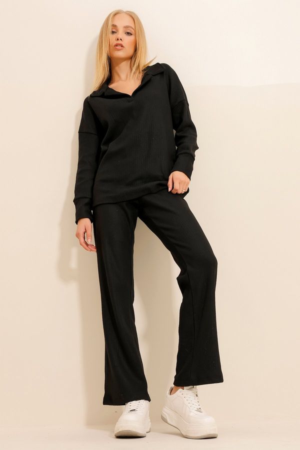Trend Alaçatı Stili Trend Alaçatı Stili Women's Black Polo Neck Top And Palazzon Trousers Knitwear Bottom Top Suit