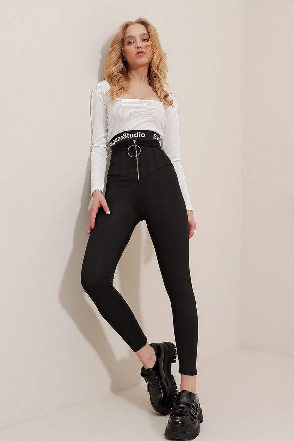 Trend Alaçatı Stili Trend Alaçatı Stili Women's Black Ring Zipper Detail Matte Textured High Waist Leggings