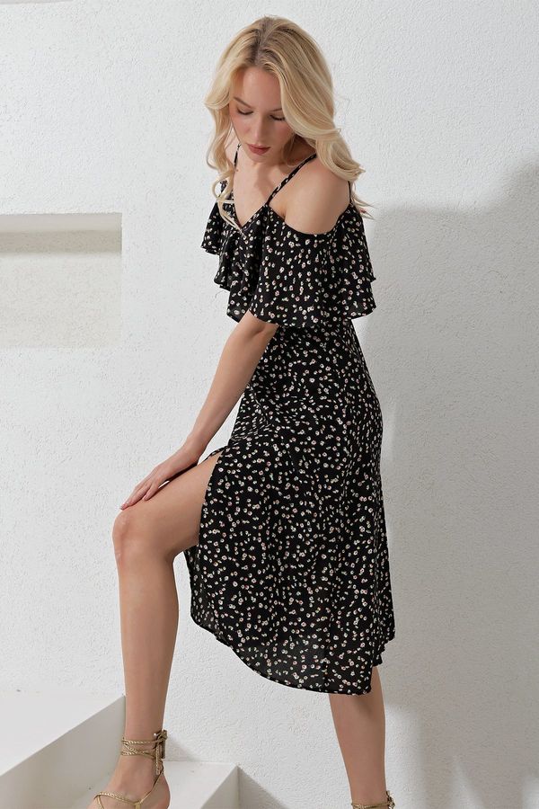 Trend Alaçatı Stili Trend Alaçatı Stili Women's Black Rope Straps Frilly Front Floral Pattern Woven Dress
