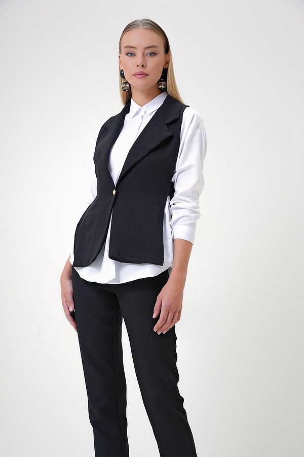 Trend Alaçatı Stili Trend Alaçatı Stili Women's Black Side Laced Vest and Shirt Set