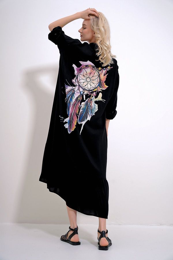 Trend Alaçatı Stili Trend Alaçatı Stili Women's Black Single Pocket Skirt Flounced Back Printed Woven Viscose Shirt Dress