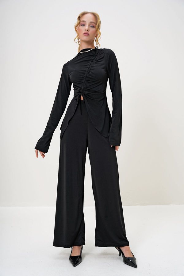 Trend Alaçatı Stili Trend Alaçatı Stili Women's Black Stand Collar Gathered Detail Asymmetric Cut Sandy Trouser Blouse Two Piece Set
