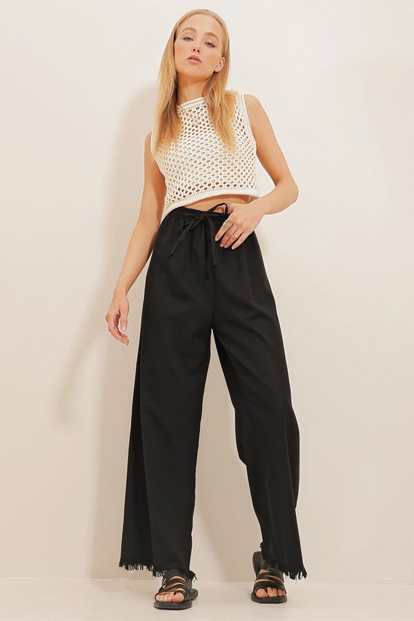 Trend Alaçatı Stili Trend Alaçatı Stili Women's Black Tasseled High Waist Palazzo Jean Trousers