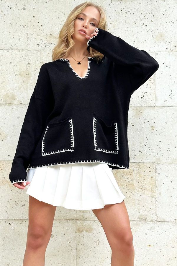 Trend Alaçatı Stili Trend Alaçatı Stili Women's Black V Neck Embroidery Detailed Double Pocket Knitwear Sweater