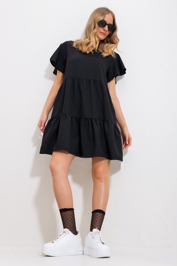Trend Alaçatı Stili Trend Alaçatı Stili Women's Black V-Neck Tiered Flounce Woven Dress