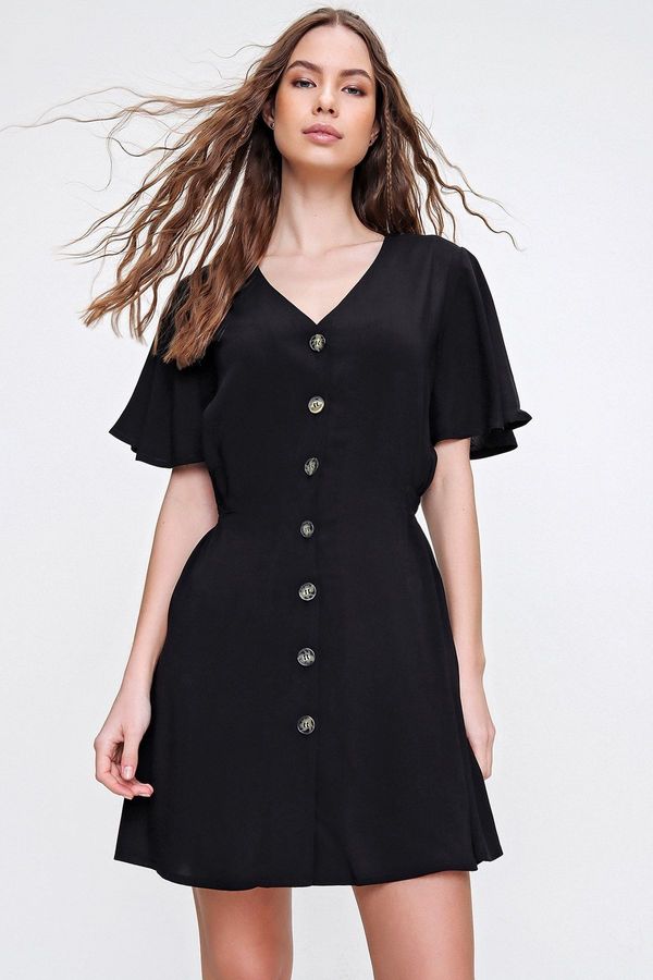 Trend Alaçatı Stili Trend Alaçatı Stili Women's Black V-Neck Woven Dress with Smocked Waist