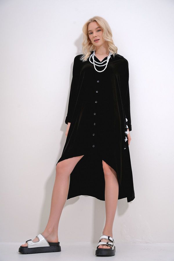 Trend Alaçatı Stili Trend Alaçatı Stili Women's Black Woven Shirt Dress with Cape and Tassel Detail and Buttons on the Front