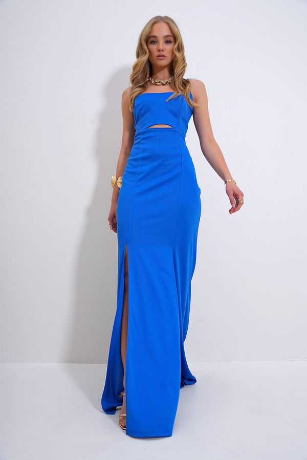 Trend Alaçatı Stili Trend Alaçatı Stili Women's Blue Adjustable Strap Out Cut Slit Graduation Dress