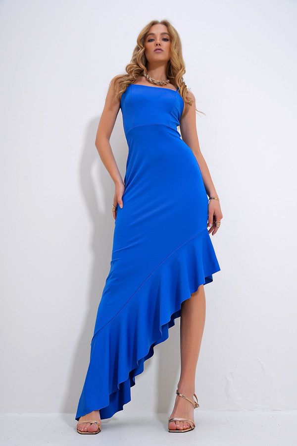 Trend Alaçatı Stili Trend Alaçatı Stili Women's Blue Adjustable Strap Skirt Flywheel Asymmetrical Cut Dress