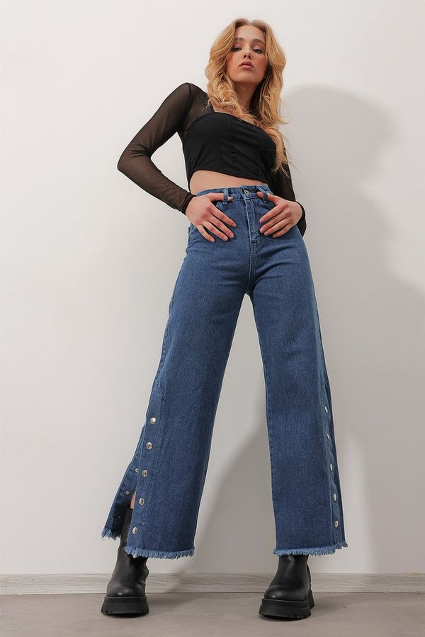 Trend Alaçatı Stili Trend Alaçatı Stili Women's Blue High Waist Palazzo Jeans with Snap Snaps on the sides