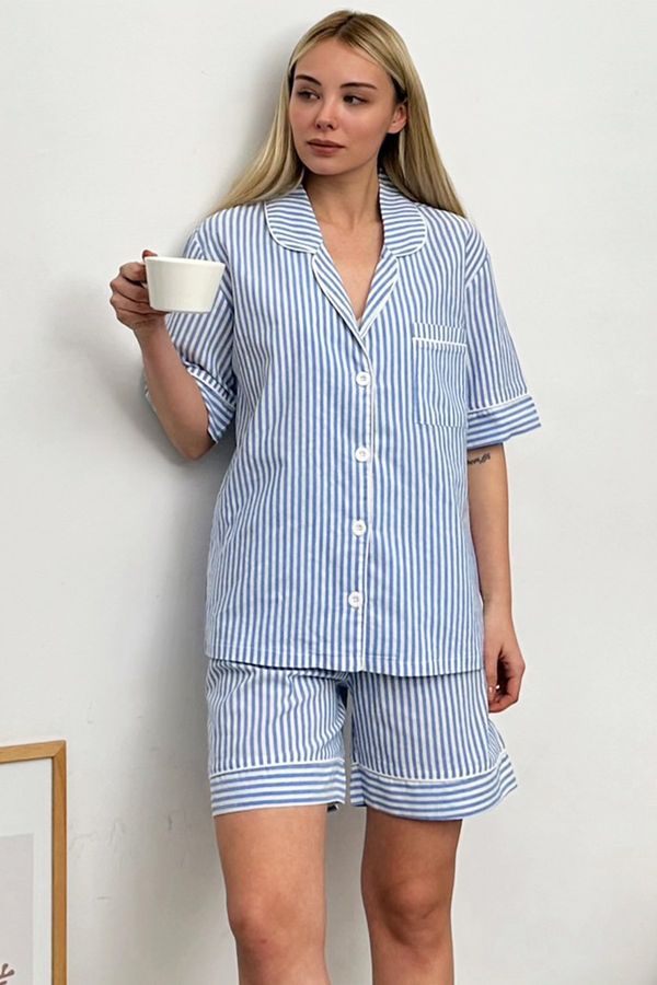 Trend Alaçatı Stili Trend Alaçatı Stili Women's Blue Striped Connector Shorts Pajamas Suit