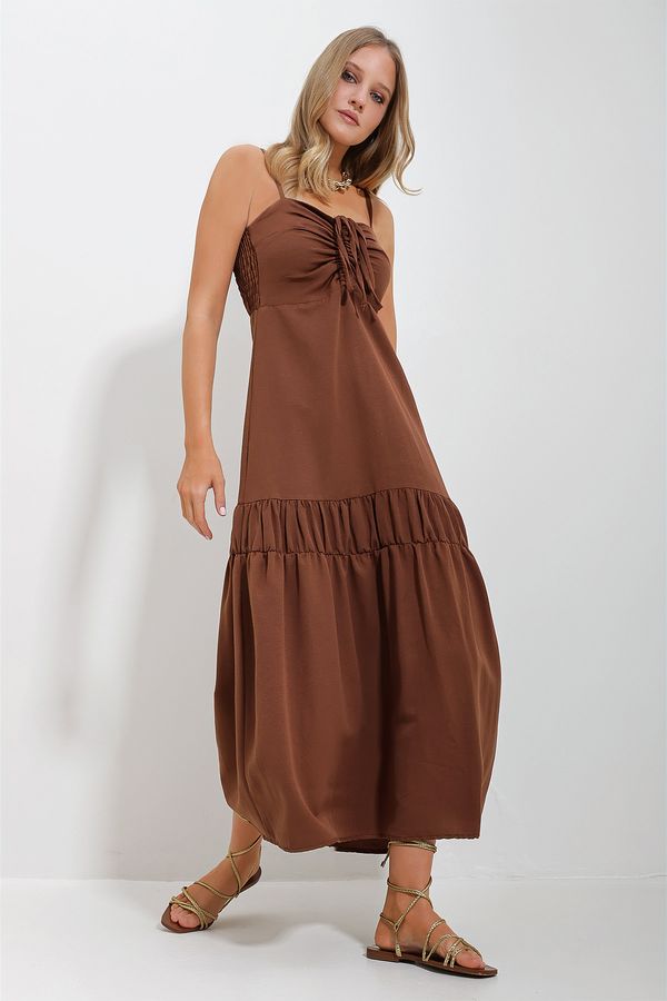 Trend Alaçatı Stili Trend Alaçatı Stili Women's Brown Adjustable Straps Front Gathered Back Zippered Gabardine Linen Dress