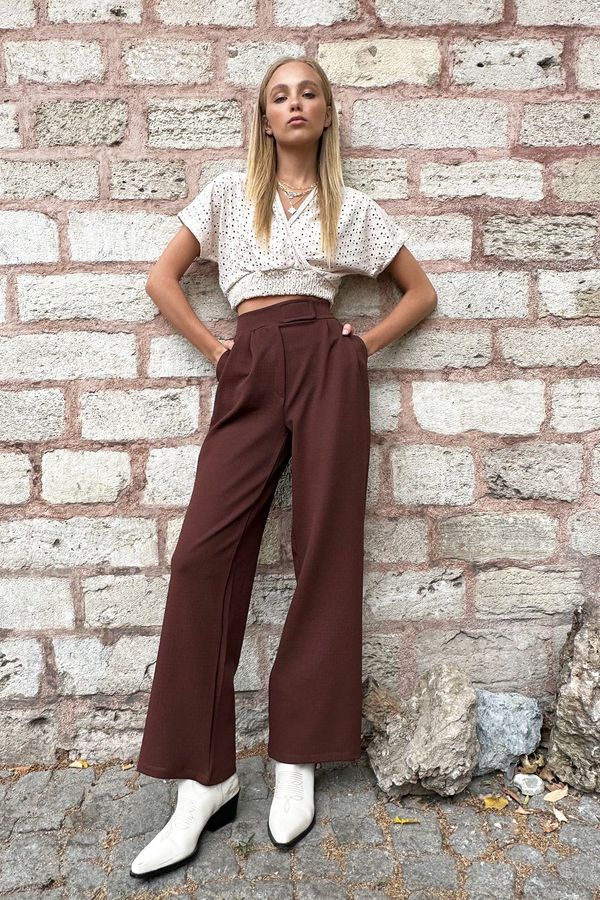Trend Alaçatı Stili Trend Alaçatı Stili Women's Brown High Waist Double Pockets Pleated Palazzo Pants with Snap Snap Closure