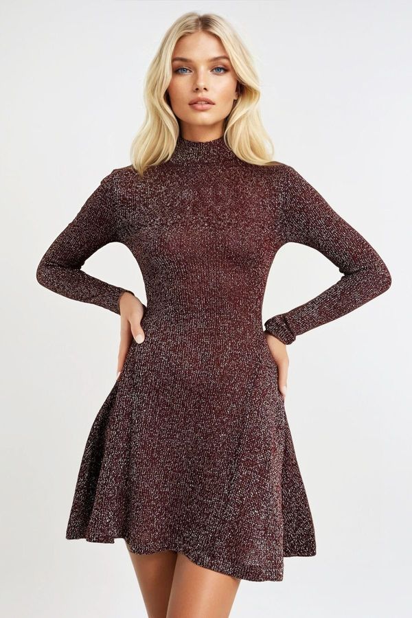Trend Alaçatı Stili Trend Alaçatı Stili Women's Burgundy Half Turtleneck Silvery Knitted Midi Length Flared Dress