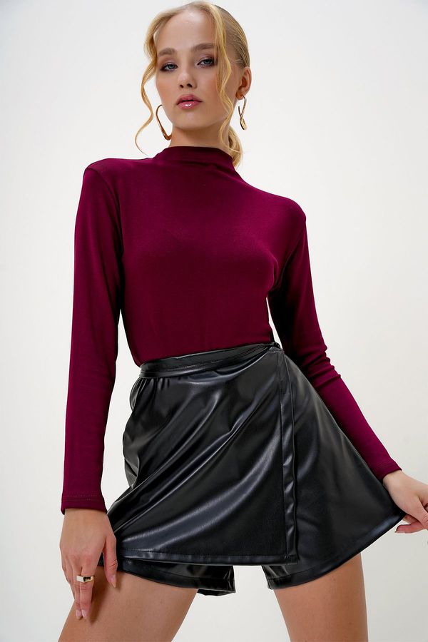 Trend Alaçatı Stili Trend Alaçatı Stili Women's Burgundy Half Turtleneck Two Thread Blouse
