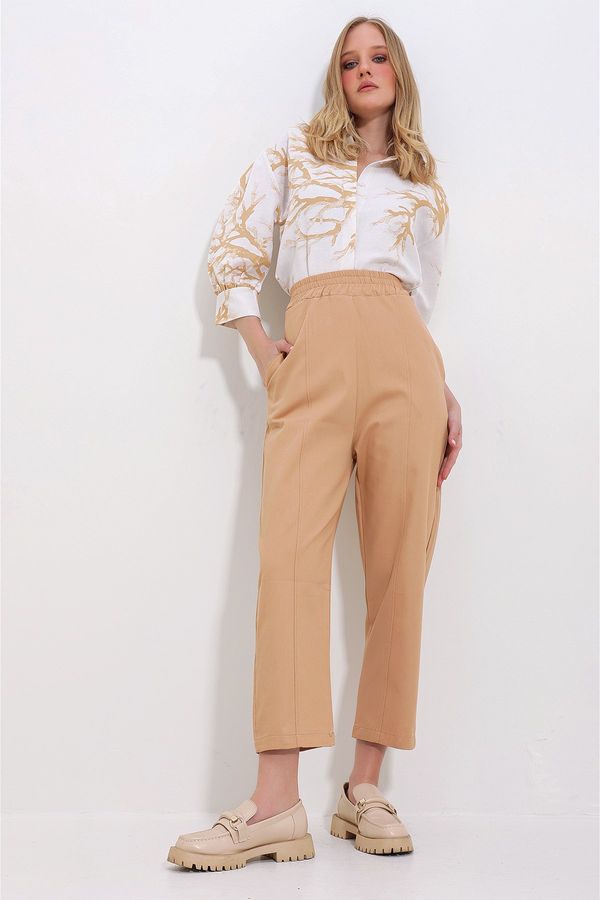 Trend Alaçatı Stili Trend Alaçatı Stili Women's Camel 3 Pocket, Elastic Waist and Stitched Front Gabardine Trousers