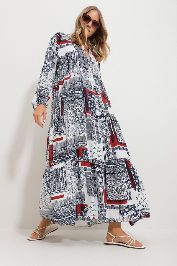 Trend Alaçatı Stili Trend Alaçatı Stili Women's Cinnamon Big Collar Shawl Patterned Maxi Length Dress