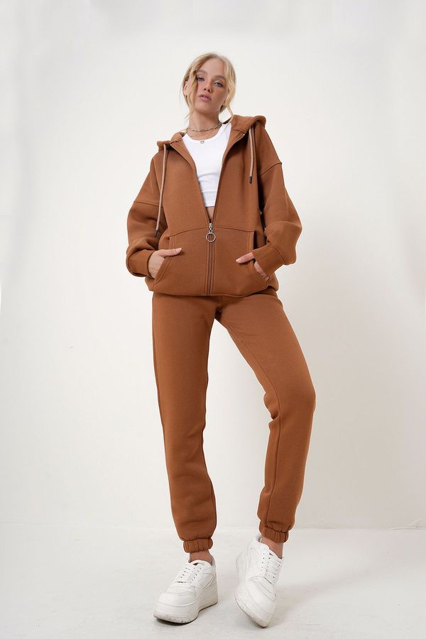 Trend Alaçatı Stili Trend Alaçatı Stili Women's Cinnamon Hooded Kangaroo Pocket 3 Yarn Inside Raised Tracksuit
