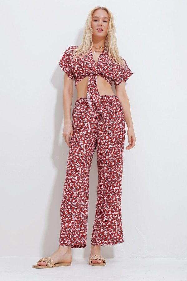 Trend Alaçatı Stili Trend Alaçatı Stili Women's Cinnamon Patterned Tie Crop Blouse And Pocket Trousers Bottom Top Woven Suit