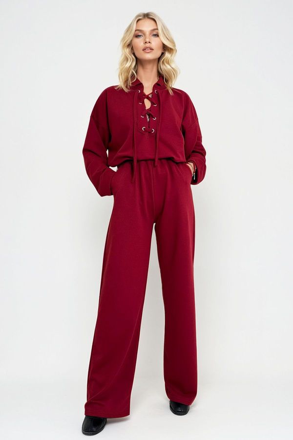 Trend Alaçatı Stili Trend Alaçatı Stili Women's Claret Red Crew Neck Bird Eye Detailed Two Yarn Sweat and Double Pocket Trouser Set