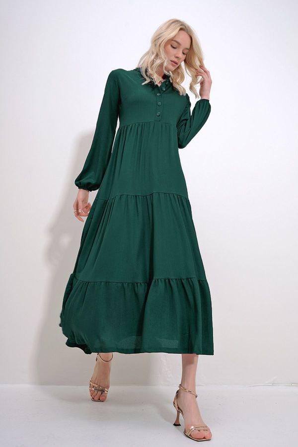 Trend Alaçatı Stili Trend Alaçatı Stili Women's Emerald Green High Collar Buttoned Front Layered Flounced Crinkle Dress