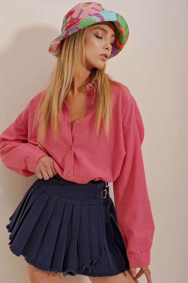 Trend Alaçatı Stili Trend Alaçatı Stili Women's Fuchsia Oversize Linen Shirt