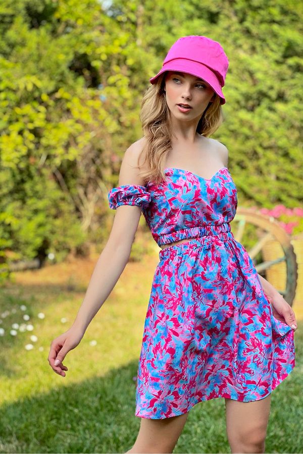 Trend Alaçatı Stili Trend Alaçatı Stili Women's Fuchsia Sweetheart Neck Decollete Patterned Woven Dress with Gippes